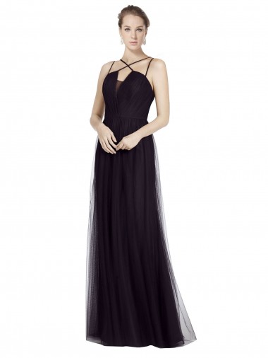 Sem Mangas Alças finas Tule Linha A Longo Vestido de Madrinha