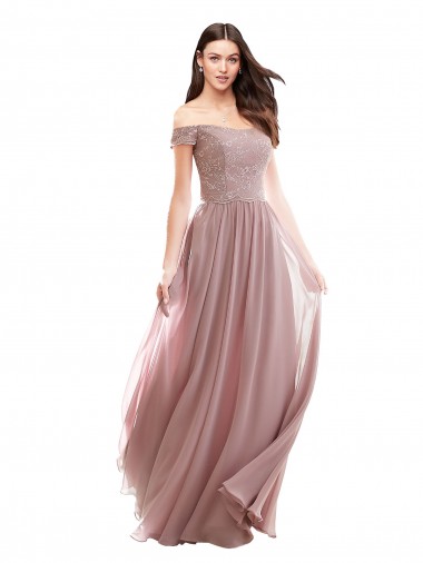 Mangas Curtas Fora do Ombro Chiffon & Renda Linha A Longo Vestidos de Madrinha