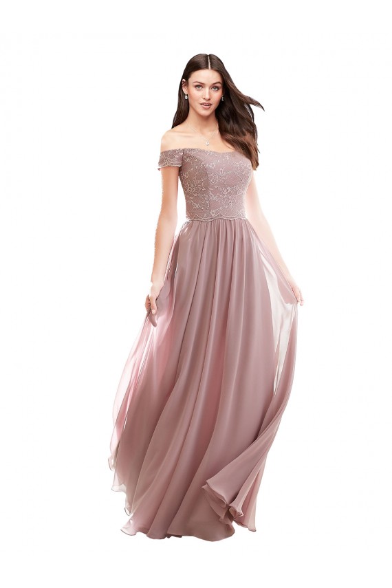 Mangas Curtas Fora do Ombro Chiffon & Renda Linha A Longo Vestidos de Madrinha