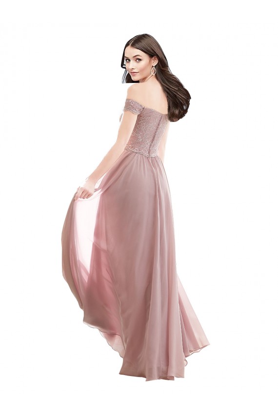 Mangas Curtas Fora do Ombro Chiffon & Renda Linha A Longo Vestidos de Madrinha