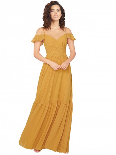 Ombro Frio Decote V Buraco da fechadura Chiffon Linha A Vestidos de Madrinha
