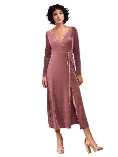 Mangas Compridas Decote V Veludo Elástico Linha A Vestidos de Madrinha / Vestidos de Festa