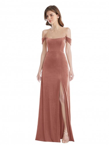 Sem Mangas Fora do Ombro Veludo Elástico Linha A Vestido de Madrinha / Vestido de Festa