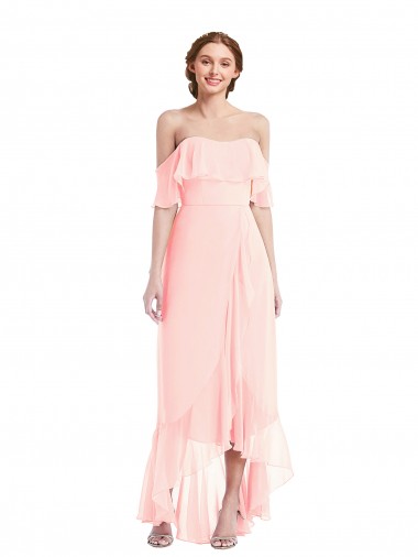 Sem Mangas Fora do Ombro Chiffon Linha A Alto Baixo Alto Baixo, Vestidos de Madrinha