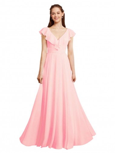 Mangas Curtas Decote V Costas em V Chiffon Linha A Vestidos de Madrinha