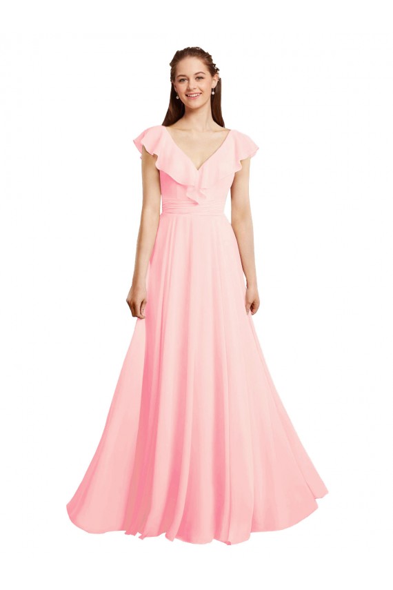 Mangas Curtas Decote V Costas em V Chiffon Linha A Vestidos de Madrinha