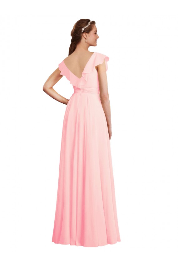 Mangas Curtas Decote V Costas em V Chiffon Linha A Vestidos de Madrinha