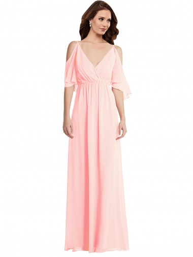 Ombro Frio Decote V Costas em V Chiffon Linha A Vestidos de Madrinha