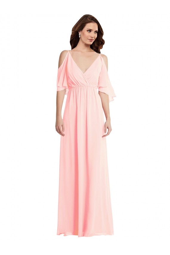 Ombro Frio Decote V Costas em V Chiffon Linha A Vestidos de Madrinha