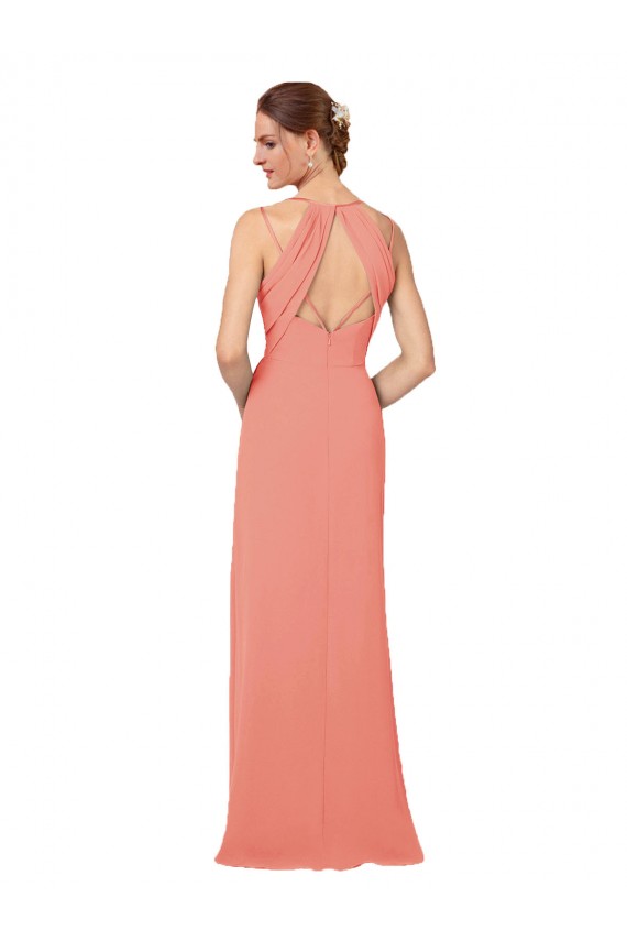 Sem Mangas Decote V Buraco da fechadura Chiffon Bainha Longo Vestidos de Madrinha