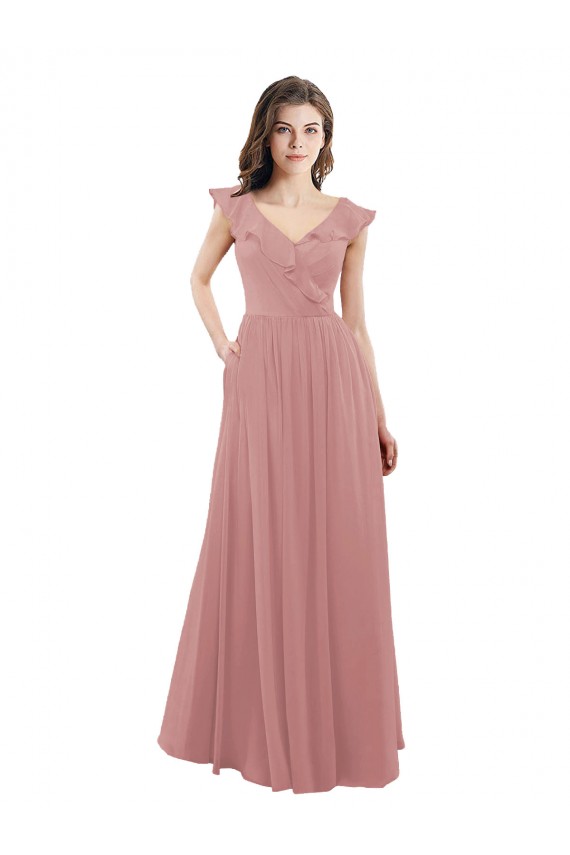 Mangas Curtas Decote V Costas em V Chiffon Linha A Rosa Empoeirado Longo Vestidos de Madrinha