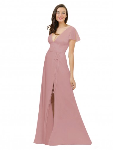 Mangas Esvoaçantes Decote V Costas em V Chiffon Linha A Rosa Empoeirado Longo Vestidos de Madrinha