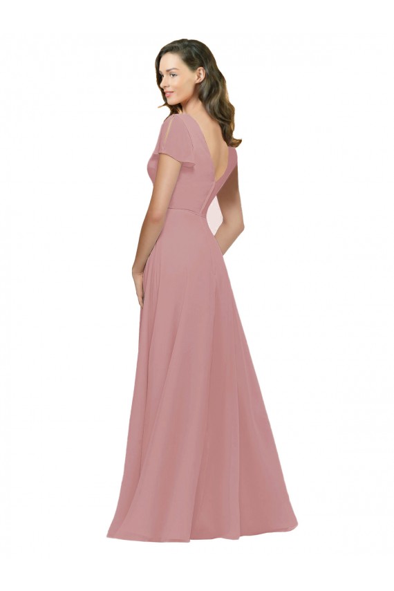 Mangas Esvoaçantes Decote V Costas em V Chiffon Linha A Rosa Empoeirado Longo Vestidos de Madrinha