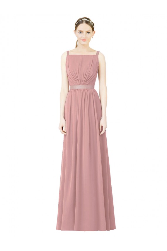 Sem Mangas Decote Alto Chiffon Linha A Longo Rosa Empoeirado Vestidos de Madrinha