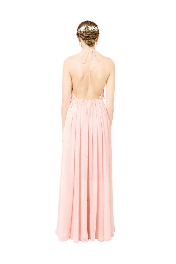 Sem Mangas Cabeçada Abrir de volta Chiffon Linha A Rosa Longo Vestidos de Madrinha