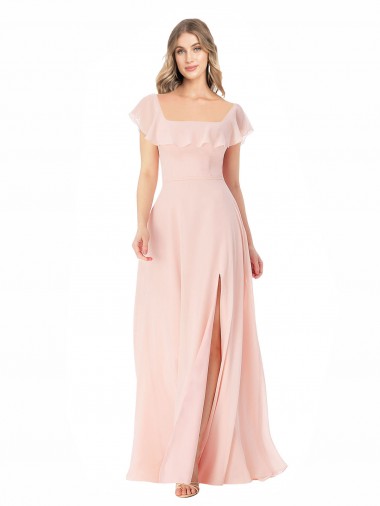 Mangas Curtas Decote Quadrado Chiffon Linha A Vestidos de Madrinha