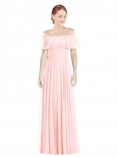 Sem Mangas Fora do Ombro Chiffon Linha A Rosa Longo Vestidos de Madrinha