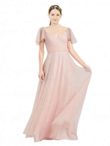 Mangas Esvoaçantes Decote V Tule Linha A Vestidos de Madrinha