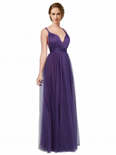 Sem Mangas Alças finas Abrir de volta Tule Linha A Roxo Vestidos de Madrinha