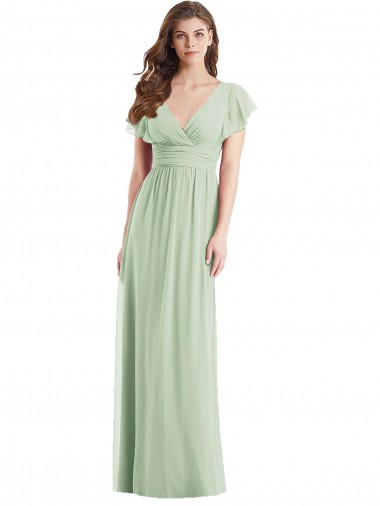 Mangas Esvoaçantes Decote V Abrir de volta Chiffon Trombeta Vestidos de Madrinha