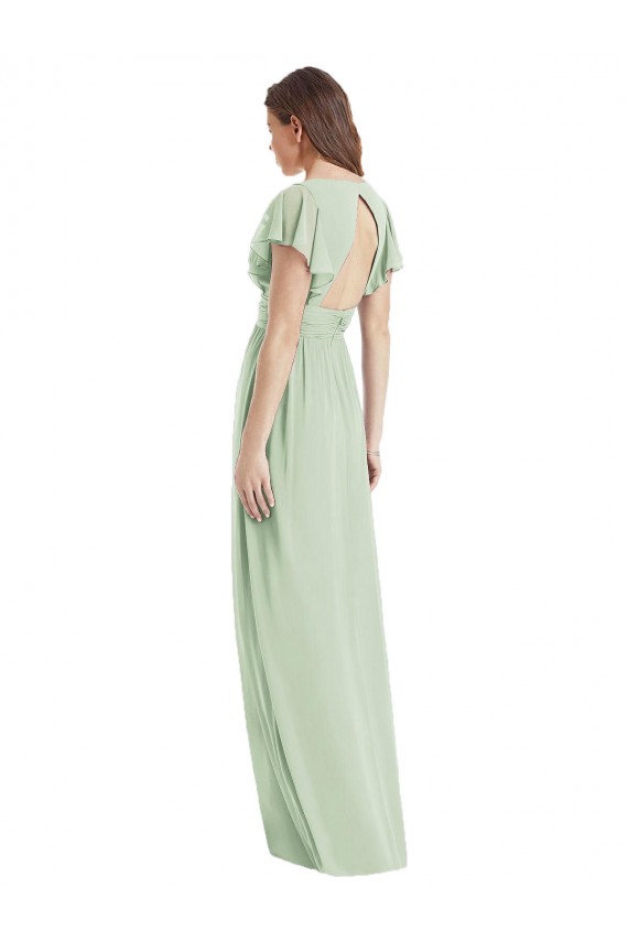 Mangas Esvoaçantes Decote V Abrir de volta Chiffon Trombeta Vestidos de Madrinha