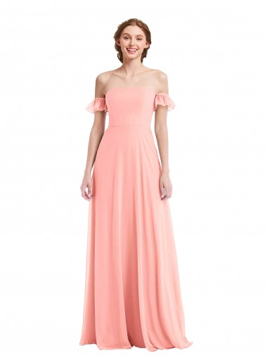 Mangas Esvoaçantes Fora do Ombro Chiffon Linha A Vestidos de Madrinha