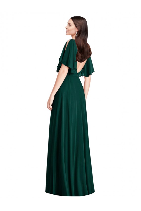 Mangas Sino Barco Costas em V Chiffon Linha A Vestidos de Madrinha