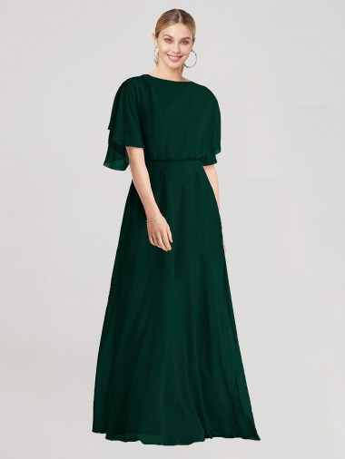 Mangas Esvoaçantes Decote redondo Abrir de volta Chiffon Linha A Vestidos de Madrinha