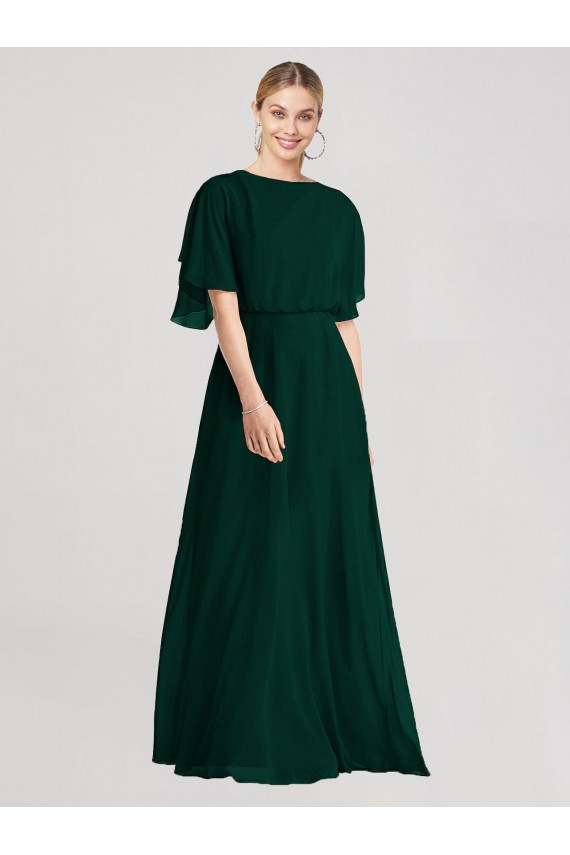 Mangas Esvoaçantes Decote redondo Abrir de volta Chiffon Linha A Vestidos de Madrinha