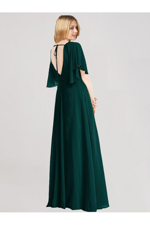 Mangas Esvoaçantes Decote redondo Abrir de volta Chiffon Linha A Vestidos de Madrinha