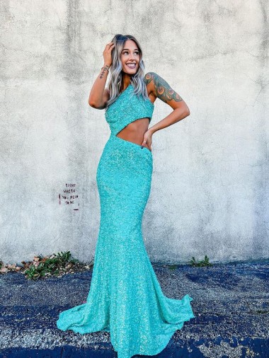 Sem Mangas Um Ombro Lantejoulas Veludo Sereia Comboio Varredela Vestido de Festa