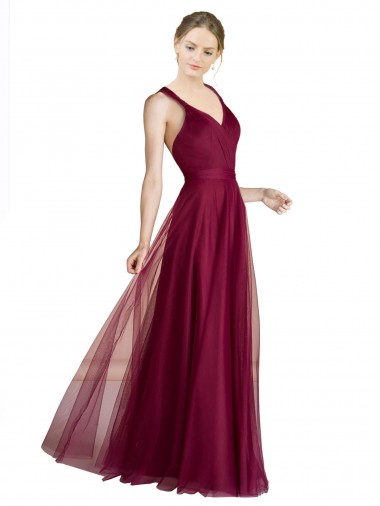 Sem Mangas Decote V Abrir de volta Tule Linha A Vestido de Madrinha
