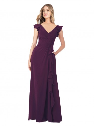 Mangas Curtas Decote V Chiffon Linha A Longo Vestidos de Madrinha