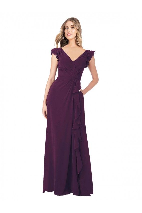 Mangas Curtas Decote V Chiffon Linha A Longo Vestidos de Madrinha
