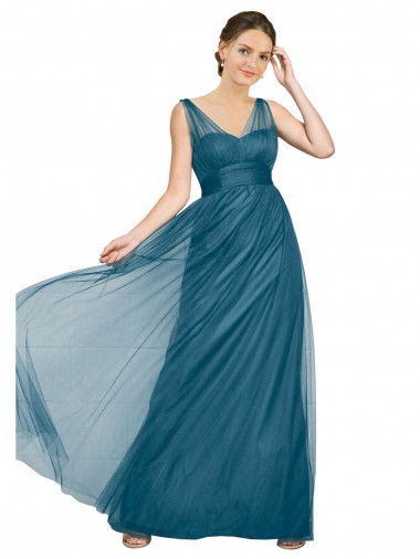 Sem Mangas Decote V Costas em V Tule Linha A Longo Vestidos de Madrinha