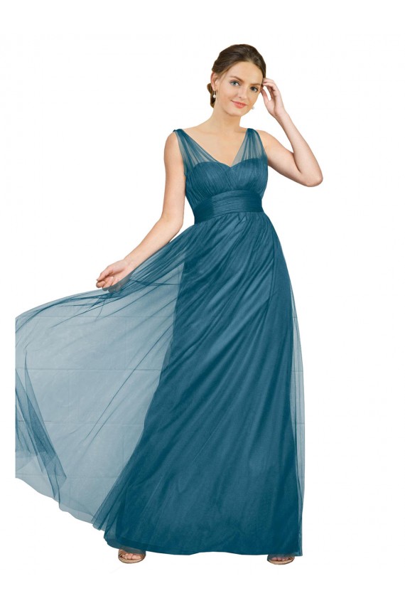 Sem Mangas Decote V Costas em V Tule Linha A Longo Vestidos de Madrinha