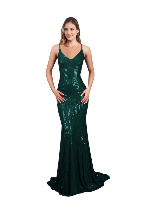 Sem Mangas Decote V Lombar Lantejoulas Sereia Longo Vestidos de Madrinha / Vestidos de Noite / Vestidos de Festa