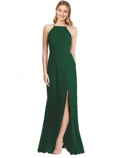 Sem Mangas Alças finas Chiffon Linha A Verde Escuro Longo Vestidos de Madrinha