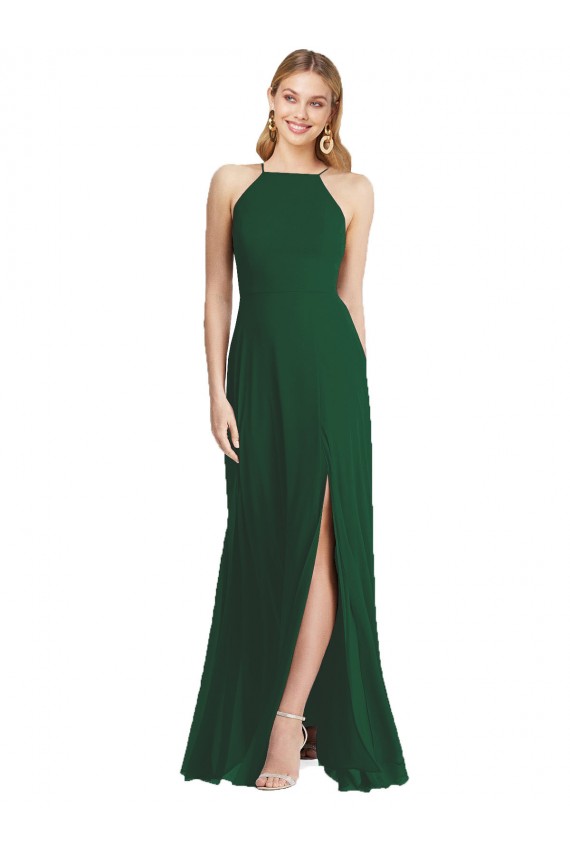 Sem Mangas Alças finas Chiffon Linha A Verde Escuro Longo Vestidos de Madrinha