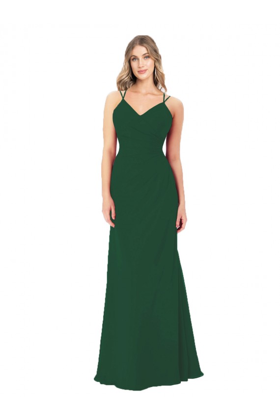 Sem Mangas Decote V Chiffon Linha A Verde Escuro Longo Vestidos de Madrinha
