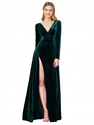 Mangas Compridas Decote V Veludo Elástico Linha A Vestidos de Madrinha / Vestidos de Noite / Vestidos de Festa
