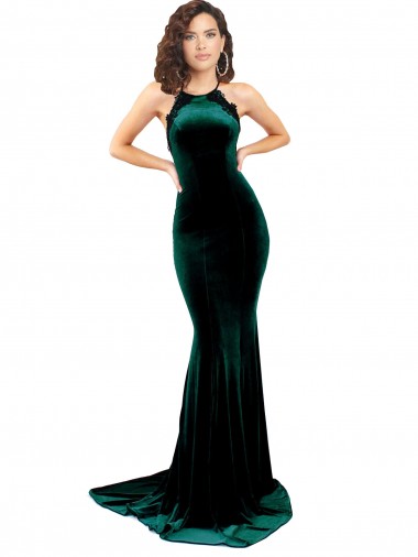 Sem Mangas Decote Alto Lombar Veludo Elástico Sereia Vestidos de Madrinha / Vestidos de Noite / Vestidos de Festa
