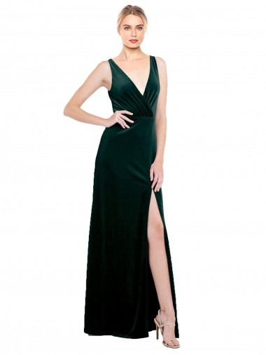 Sem Mangas Decote V Costas em V Veludo Elástico Linha A Verde Escuro Vestidos de Madrinha / Vestidos de Noite / Vestidos de Festa