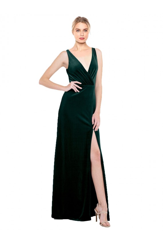 Sem Mangas Decote V Costas em V Veludo Elástico Linha A Verde Escuro Vestidos de Madrinha / Vestidos de Noite / Vestidos de Festa