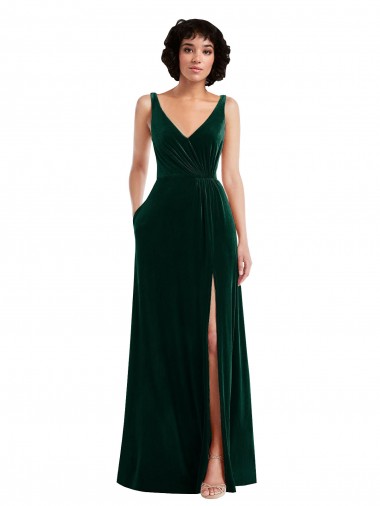 Sem Mangas Decote V Costas em V Veludo Elástico Linha A Longo Vestidos de Madrinha / Vestidos de Festa