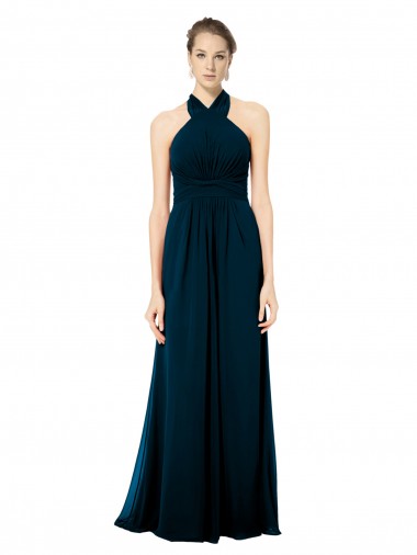 Sem Mangas Cabeçada Abrir de volta Chiffon Linha A Verde Meia-Noite Longo Vestidos de Madrinha