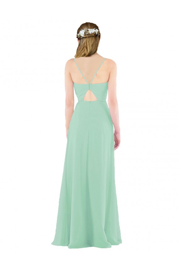 Sem Mangas Decote V Buraco da fechadura Chiffon Bainha Longo Verde Menta Vestidos de Madrinha