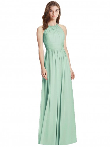 Sem Mangas Cabeçada Abrir de volta Chiffon Linha A Longo Verde Menta Vestidos de Madrinha