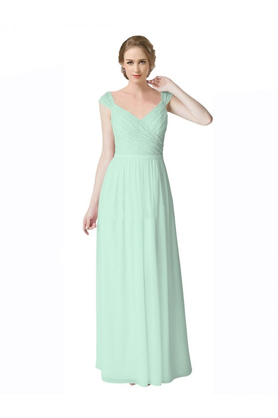 Mangas Curtas Decote V Costas em V Chiffon & Renda Linha A Longo Vestidos de Madrinha