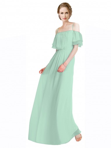Sem Mangas Fora do Ombro Chiffon Linha A Verde Menta Longo Vestidos de Madrinha
